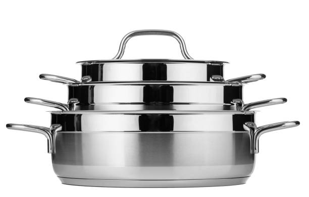 istock Set of stainless steel dishware isolated on white background 1298843607