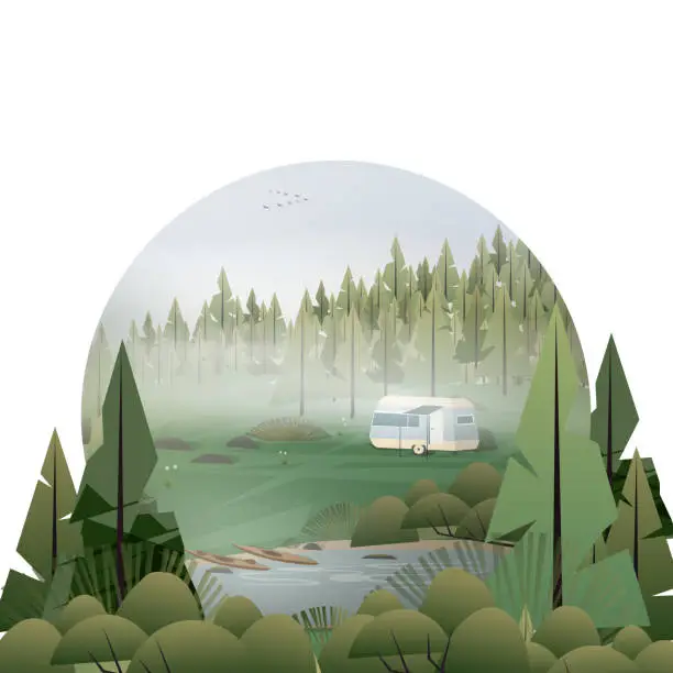 Vector illustration of Caravan campsite in the forest near a lake