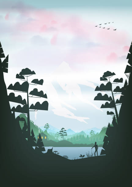 ilustrações de stock, clip art, desenhos animados e ícones de lake with boat in a pine forest, and mountains - lake forest landscape silhouette
