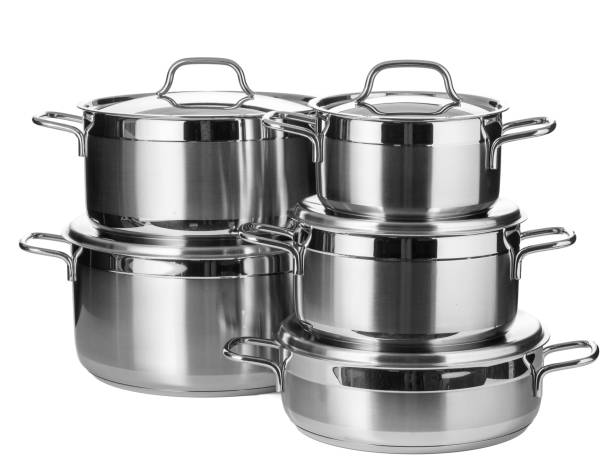 istock Set of stainless steel dishware isolated on white background 1298845576