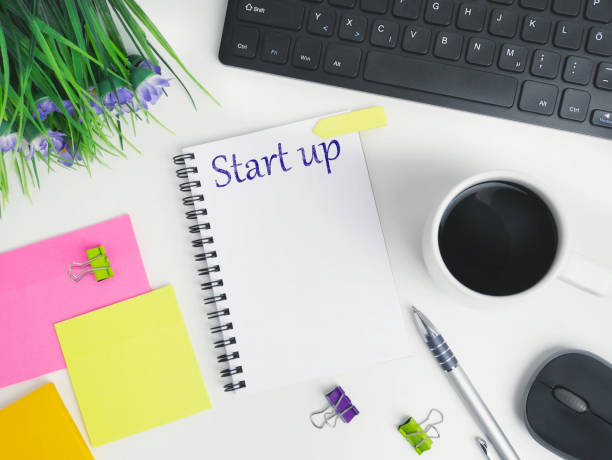 start up flat lay office workspace desk with coffee,blank notebook, electronic devices and computer. organizer mockup concept for blog or header image with space for text or copy space. poner en marcha el escritorio de la oficina plana de la oficina con café, cuaderno en blanco, dispositivos electrónicos y computadora. concepto de maqueta del organizador para blog o imagen de encabezado con espacio para el texto o el espacio de copia