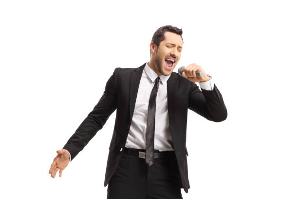 istock Singer in a suit singing on a microphone 1298848207
