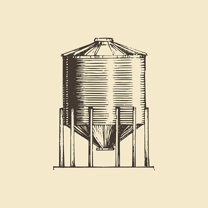 Farm hopper, graphic illustration in vector. Drawn sketch of grain container.