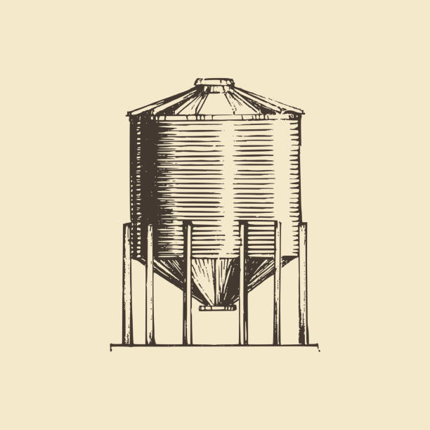 phễu trang trại, minh họa đồ họa trong vector. vẽ bản phác thảo của thùng chứa ngũ cốc. - silo tank hình minh họa sẵn có