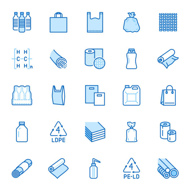 ilustrações de stock, clip art, desenhos animados e ícones de low density polyethylene flat line icons. ldpe products - food package film, thermoresistant paper, garbage bag, plastic water bottle, bubble wrap vector illustrations. blue color, editable stroke - garbage bag garbage bag plastic