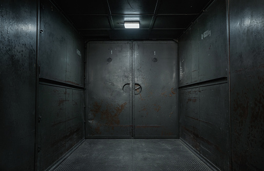 Old, empty, grunge industrial elevator interior with copy space