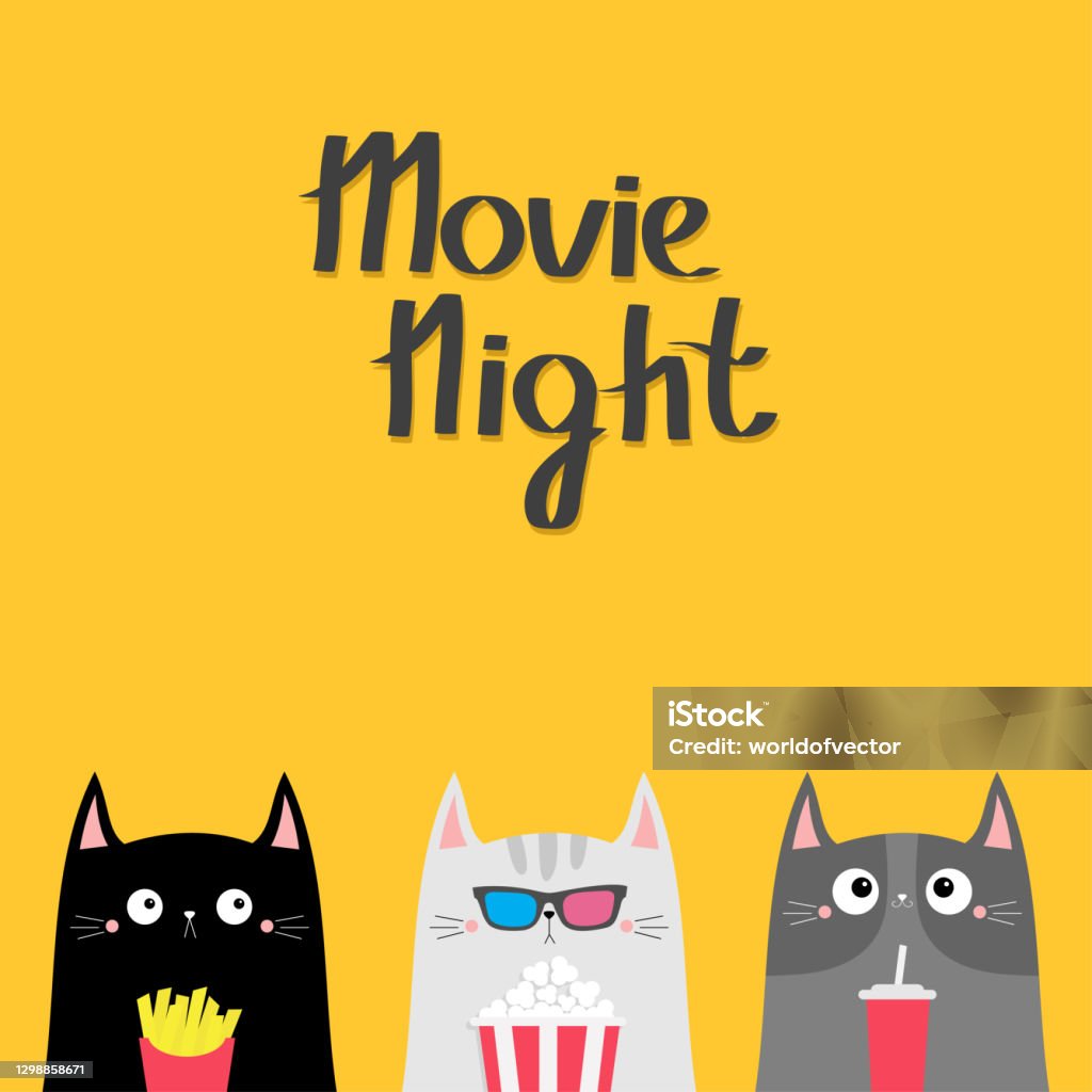 Movie Night Cat Set Popcorn Soda French Fries Cinema Theater Cute Cartoon  Funny Character Film Show Kitten In 3d Glasses Kids Print For Notebook  Cover Yellow Background Flat Design Stock Illustration -