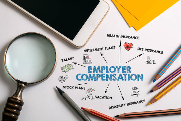 Employer compensation. Salary, Retirement, Insurance and Vacation concept. Chart with keywords and icons Employer compensation. Salary, Retirement, Insurance and Vacation concept. Chart with keywords and icons. White office desk benefits stock pictures, royalty-free photos & images