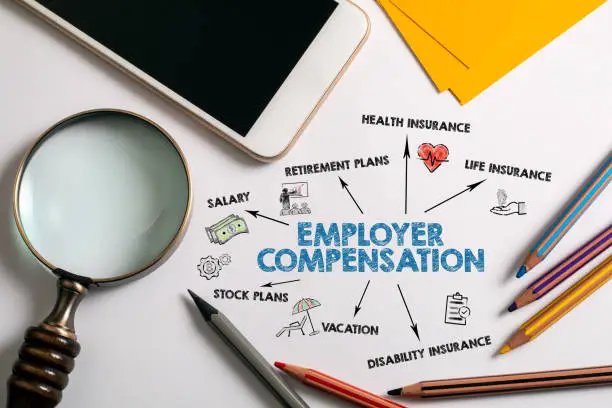 Photo of Employer compensation. Salary, Retirement, Insurance and Vacation concept. Chart with keywords and icons