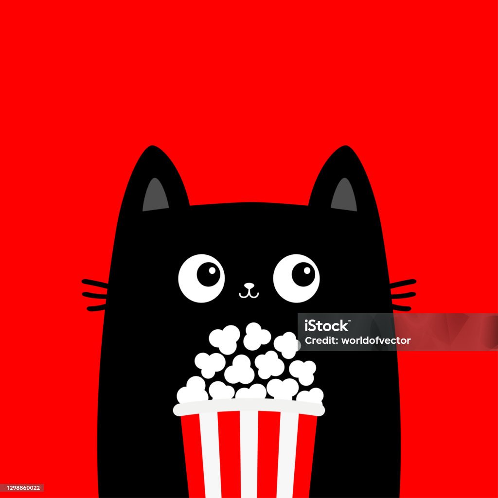 Black Cat Holding Popcorn Box Cute Cartoon Funny Character Kitten Watching  Movie Cinema Theater Film Show Kids Print For Tshirt Notebook Cover Red  Background Isolated Flat Design Stock Illustration - Download Image