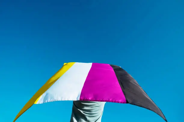 closeup of a young person outdoors, seen from behind, waving a non-binary pride flag on the air