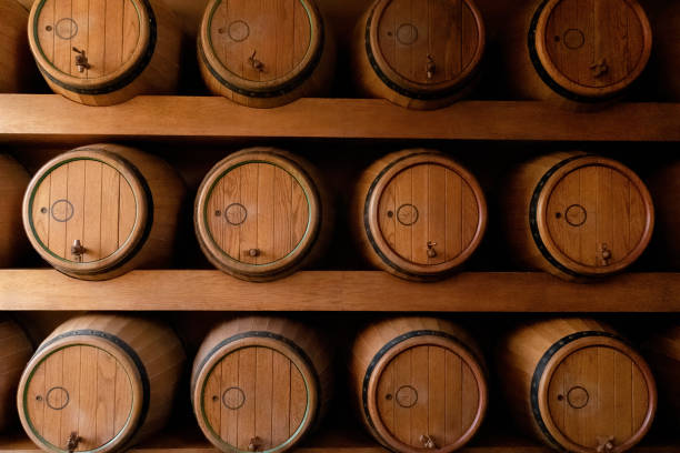Wooden Barrels in Wine Cellar