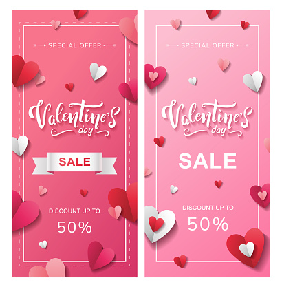 Set of Valentine's day sale flyers with beautiful lettering, paper hearts of red, pink and white colors, and ribbon. Discount up to 50%. - Vector illustration