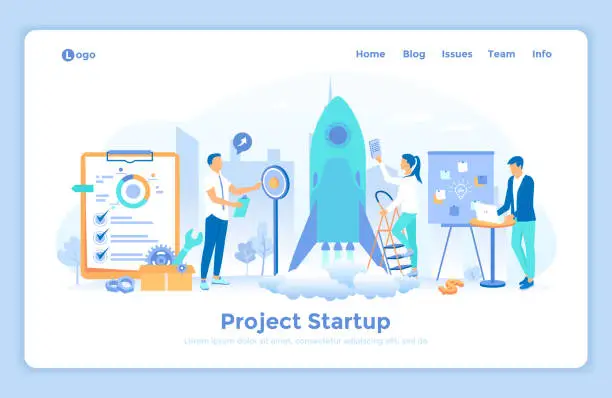 Vector illustration of New Project Startup, Financial planning, Idea, Strategy, Management, Realization, Success. Team of specialists launch a rocket into space. landing web page design template decorated with people.