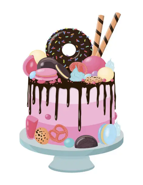 Vector illustration of Vector illustration of pink cake with many sweets and chocolate donut