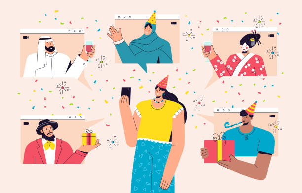 Multicultural friends celebrate holiday or birthday online Multicultural friends celebrate holiday or birthday online. Virtual party of people from different country. Friends drinking and giving gifts, meeting via video calling. Vector character illustration virtual birthday celebration stock illustrations