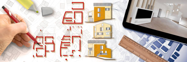 istock Architect designs a new residential building with floor plans and elevations over an imaginary city map - concept image with 3D rendering of a digital tablet and interior rendering 1298870773