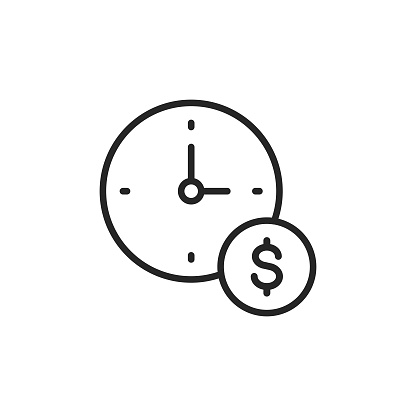 Time and Money, Hourly Rate Vector Line Icon with Editable Stroke on White Background.