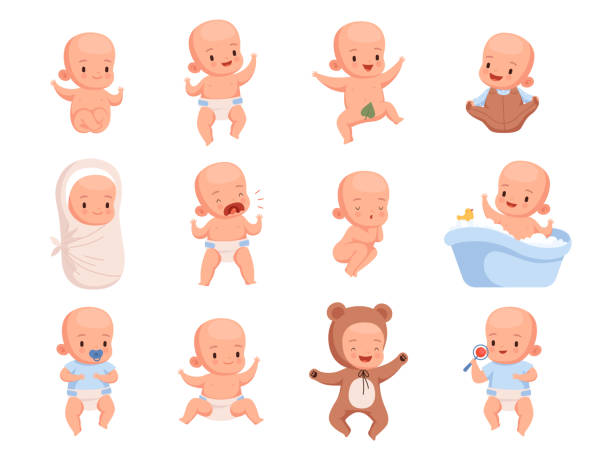 New born babies. Sleeping infant childrens smile cute little characters nowaday vector illustrations New born babies. Sleeping infant childrens smile cute little characters nowaday vector illustrations. Infant and newborn baby, child smiling new baby stock illustrations