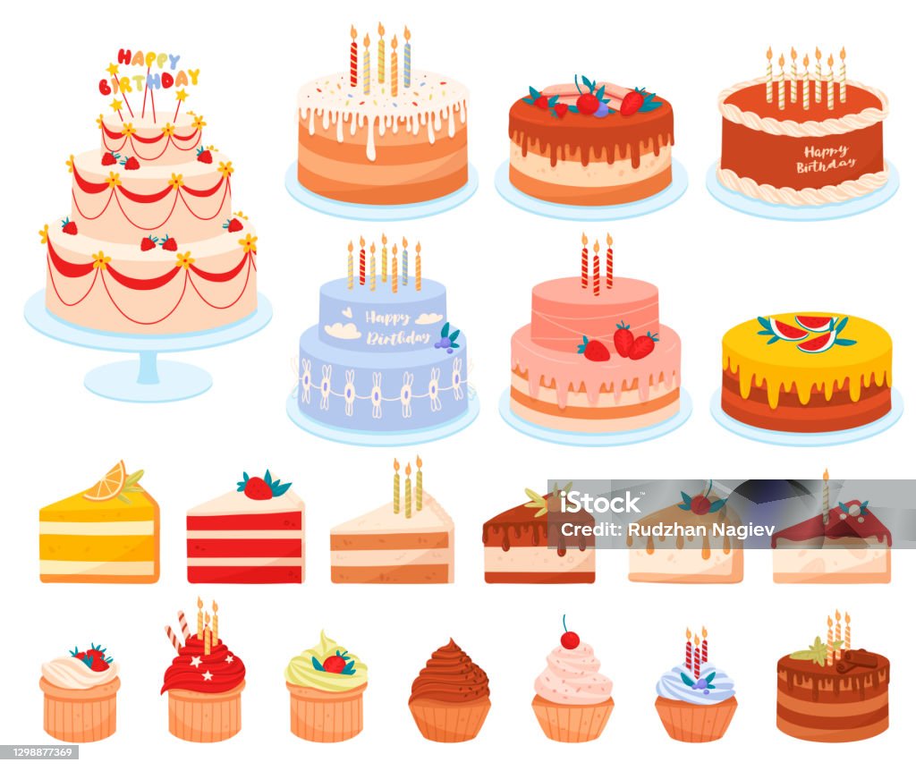 Ilustración de Conjunto Vectorial De Pasteles De Dibujos Animados y más  Vectores Libres de Derechos de Tarta - Postre - Tarta - Postre, Cumpleaños,  Ilustración - iStock