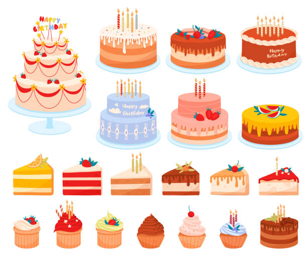 Cartoon cakes vector set Delicious desserts, pastries, cupcakes, birthday cakes with celebration candles and chocolate slices. Set of colorful cartoon vector illustrations isolated on white background cake stock illustrations