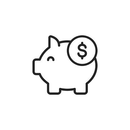 Piggy Bank, Savings Vector Line Icon with Editable Stroke on White Background.