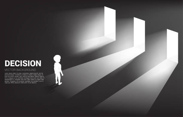istock Silhouette of boy standing in front of 3 door with light. 1298880143