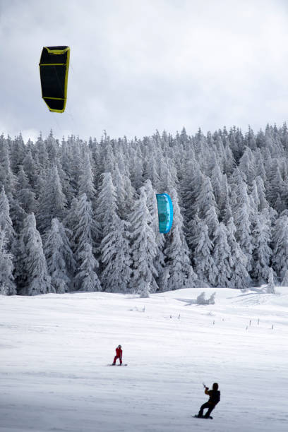 istock Two people practice snowkiting in front of a snowy forest 1298880541