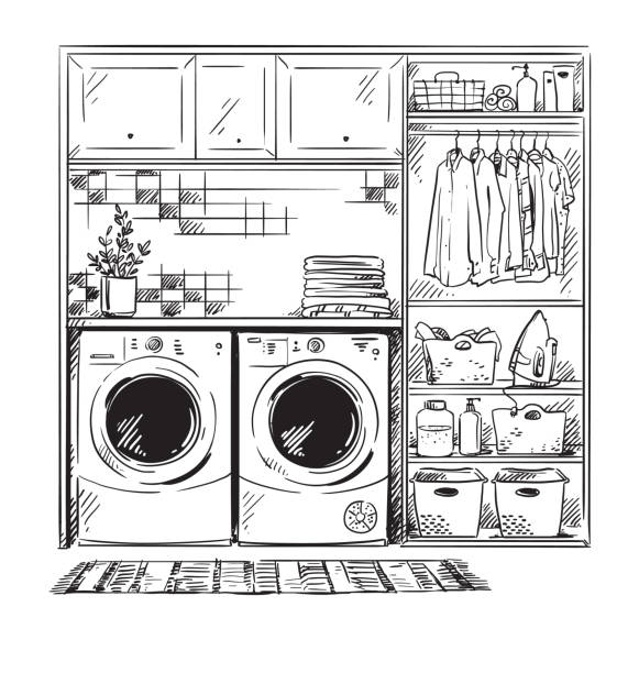 line interior sketch, modern laundry room, black and white drawing line interior sketch, modern laundry room, black and white drawing utility room stock illustrations