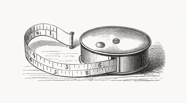 ilustrações de stock, clip art, desenhos animados e ícones de tape measure, wood engraving, published in 1893 - tape measure illustrations