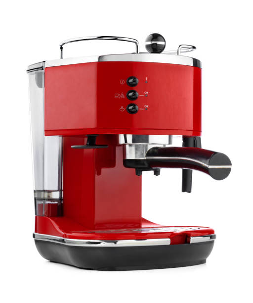 istock Stylish red coffee machine isolated on white background 1298885848