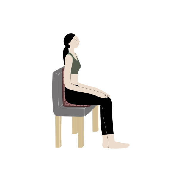 Vector flat hand drawn illustration of a woman is sitting on an applicator massage mat. Applicators for self-massage. Acupressure, acupuncture, healthy body, muscle relaxation Vector flat hand drawn illustration of a woman is sitting on an applicator massage mat. Applicators for self-massage. Acupressure, acupuncture, healthy body, muscle relaxation acupuncture mat stock illustrations