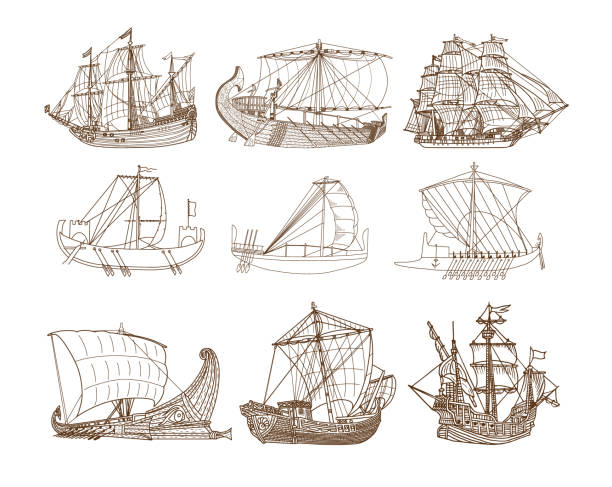 오래된 항해 선박 낙서 세트 - sailing ship nautical vessel military ship brigantine stock illustrations