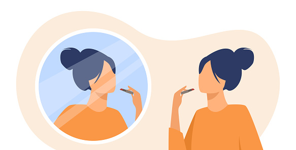Woman putting on lipstick. Rouging lips, makeup, mirror. Flat vector illustration. Self care, routine, cosmetics concept for banner, website design or landing web page