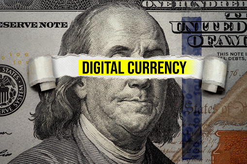 Torn bills revealing Digital Currency words. Ideas for Investing bitcoin, how to invest topic, Future of cryptocurrency, Exchange with US Dollars