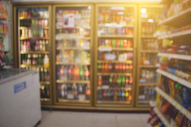 blurred background of beverage in convenience store stock photo