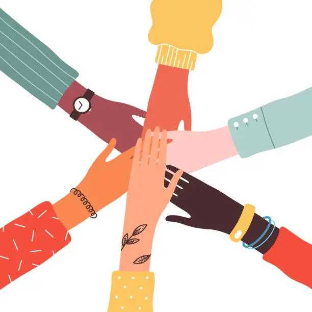 Vector illustration of Hands of diverse group of people.  Illustration of teamwork, support, cooperation, unity, girl power, social community.