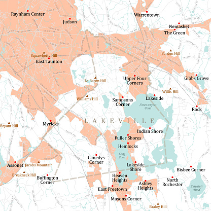 MA Plymouth Lakeville Vector Road Map. All source data is in the public domain. U.S. Census Bureau Census Tiger. Used Layers: areawater, linearwater, roads, rails, cousub, pointlm, uac10.