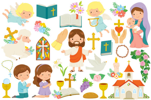 ilustraciones, imágenes clip art, dibujos animados e iconos de stock de paquete de imágenes prediseñadas del cristianismo - dibujo comunión