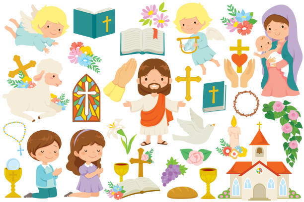 Christianity clipart bundle Christianity clipart bundle. Various religious symbols and cartoon characters of Jesus, Mary, cute angels and praying kids. church clipart stock illustrations