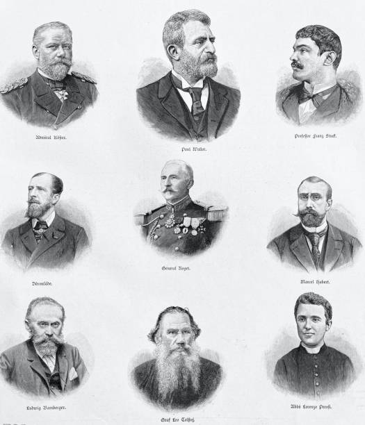 Important German and international personalities around 1899, Leo Tolstoy Admiral Köster, Paul Wallot, Franz Stuck, Deroulede, General Roget, Marcel Habert, Ludwig Bamberger, Leo Tolstoy, Lorenzo Person. 
Illustration from 19th century leo tolstoy stock illustrations