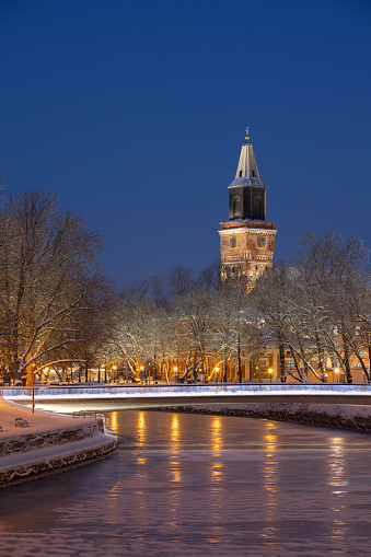 The tower of Turku Cathedral in the winter night in Turku, Finland
