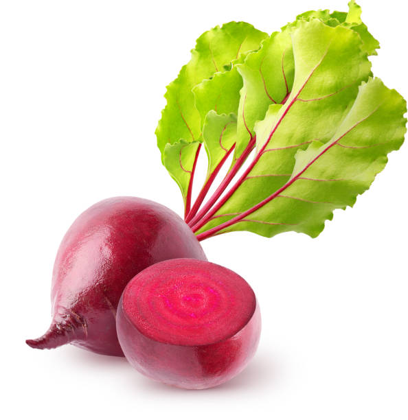 istock Isolated Beetroots. Whole and half beetroots with leaves isolated on white background with clipping path 1298895056