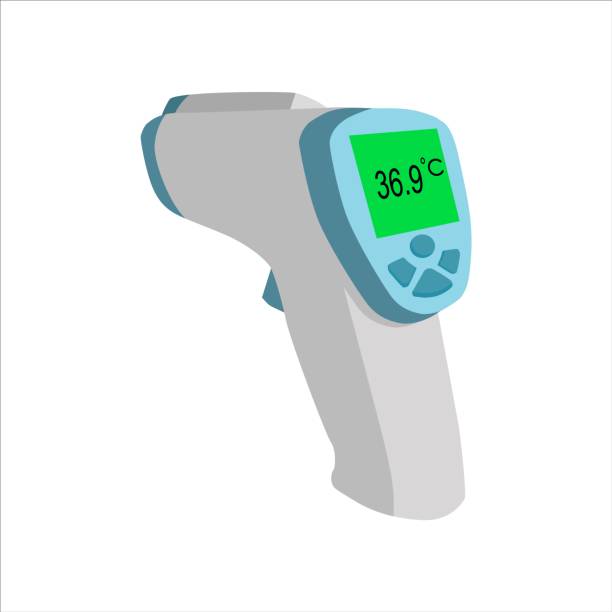 illustrazioni stock, clip art, cartoni animati e icone di tendenza di temperatura pistola isometrica - thermometer healthcare and medicine backgrounds isolated