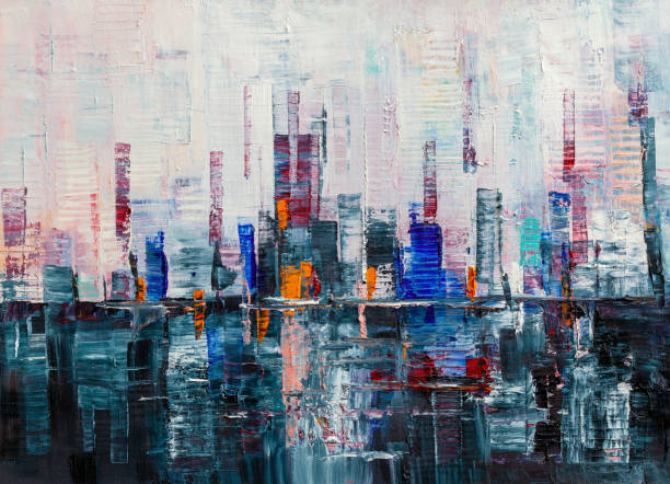 Abstract background, Modern skyscrapers oil painting. Modern abstract city background.. A wall of skyscrapers made of paints. painting activity stock illustrations