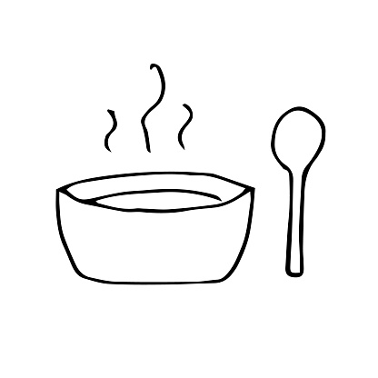 Soup bowl and spoon vector doodle illustration sketch