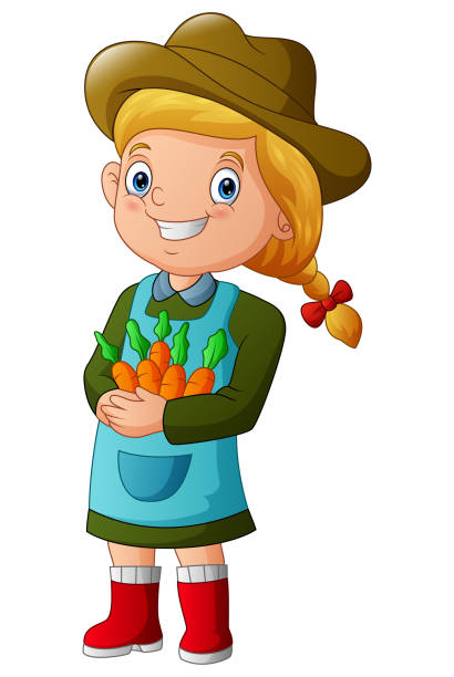 ilustrações de stock, clip art, desenhos animados e ícones de smiling farmer girl holding some carrots illustration - 13571