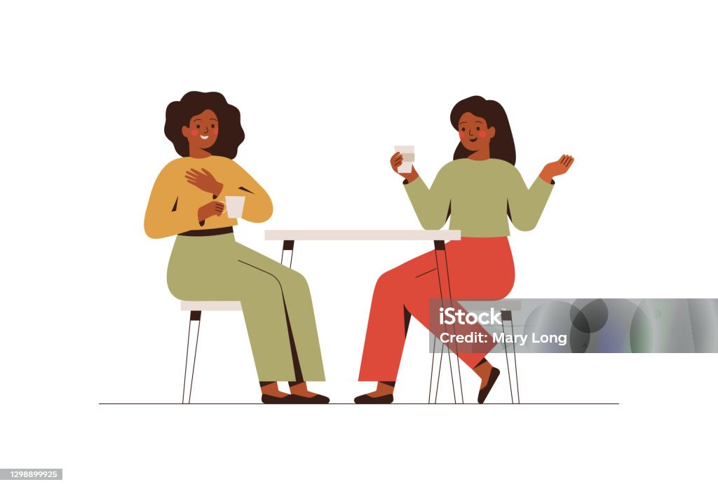 Happy female friends rest in the cafe and talk about something. Two black women spending time together at coffee break. Happy female friends rest in the cafe and talk about something. Two black women spending time together at coffee break. Flat vector illustration isolated on white background Discussion stock vector