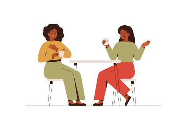 Happy female friends rest in the cafe and talk about something. Two black women spending time together at coffee break. Happy female friends rest in the cafe and talk about something. Two black women spending time together at coffee break. Flat vector illustration isolated on white background speech illustrations stock illustrations