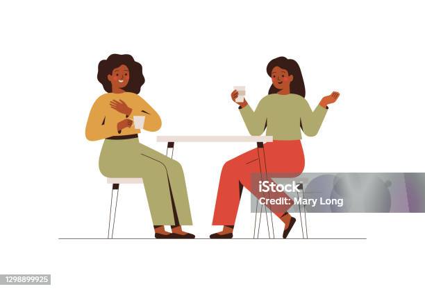 Happy Female Friends Rest In The Cafe And Talk About Something Two Black Women Spending Time Together At Coffee Break Stock Illustration - Download Image Now